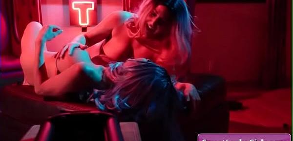 Sexy big tit lesbian hot babes Alexis Fawx, Angela White fucking deep and lick each other near neon lights